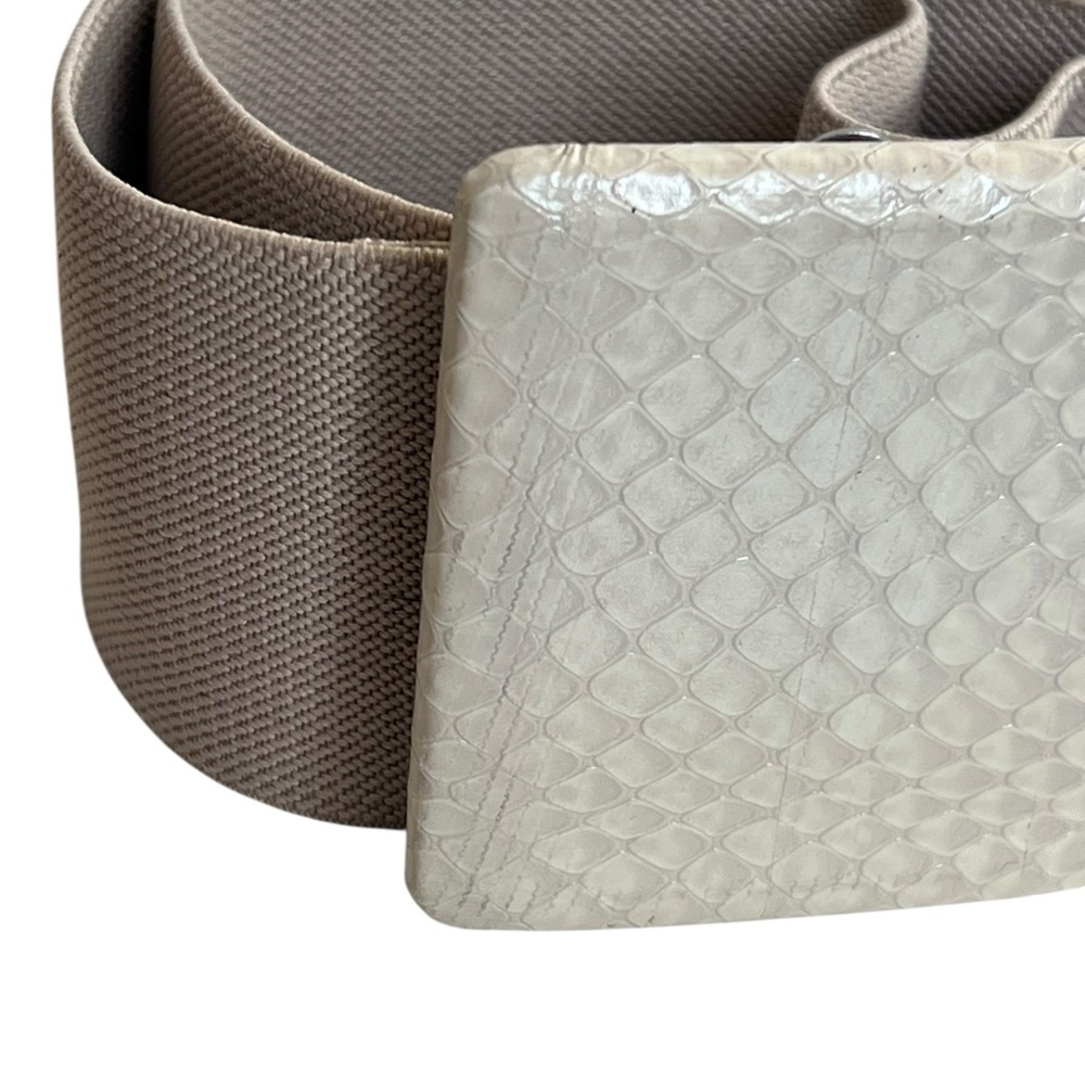 Vintage Cream Beige Elastic Stretch Retro Belt Faux Snakeskin Buckle Neutral - Picture 2 of 6